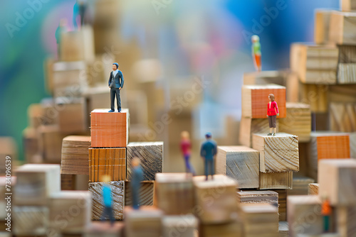 miniature figurines on stacks of wood in the style of