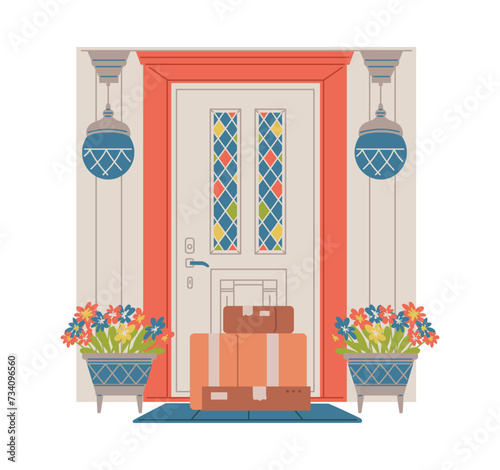 Entrance door with stained glass, flowerpots and lantern, cardboard boxes near the door, vector delivery to house porch