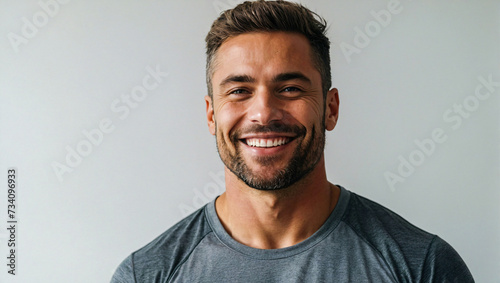 man wearing gym clothes stands confident smiling while looking at the camera on a clean background
