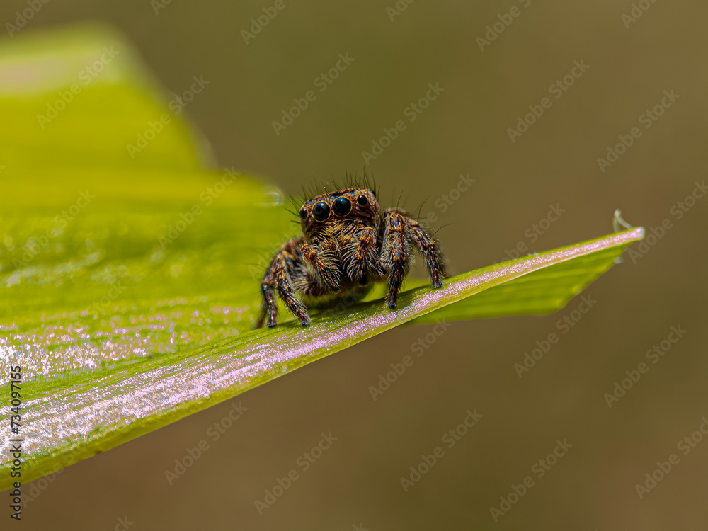 Jumping spider expertly camouflaged against the vibrant green backdrop of a leaf, its brown body blending seamlessly with the surrounding foliage. The spider's keen eyesight and lightning-fast reflexe Jumping spider expertly camouflaged against the vibrant green backdrop of a leaf, its brown body blending seamlessly with the surrounding foliage. The spider's keen eyesight and lightning-fast reflexe