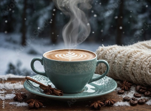In front of you sits a steaming cup of coffee, emanating rich, aromatic waves that promise to banish the chill and envelop you in comforting warmth. photo