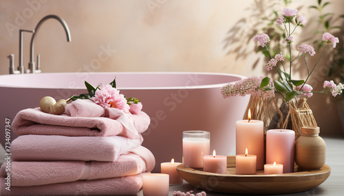Luxury spa treatment clean bathroom, pampering with candlelight and orchid generated by AI