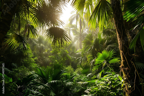 Lush green forest  tropical rainforest  tranquil scene  mysterious. Dark green foliage  rainforest. Nature illustration.