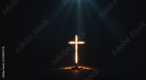 Glowing catholic cross, Surreal light beam sacral illustration