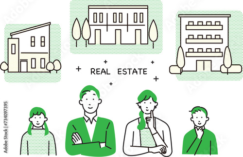 新しい家やアパート、マンションー不動産-家族で考えるイメージイラストベクターセット素材