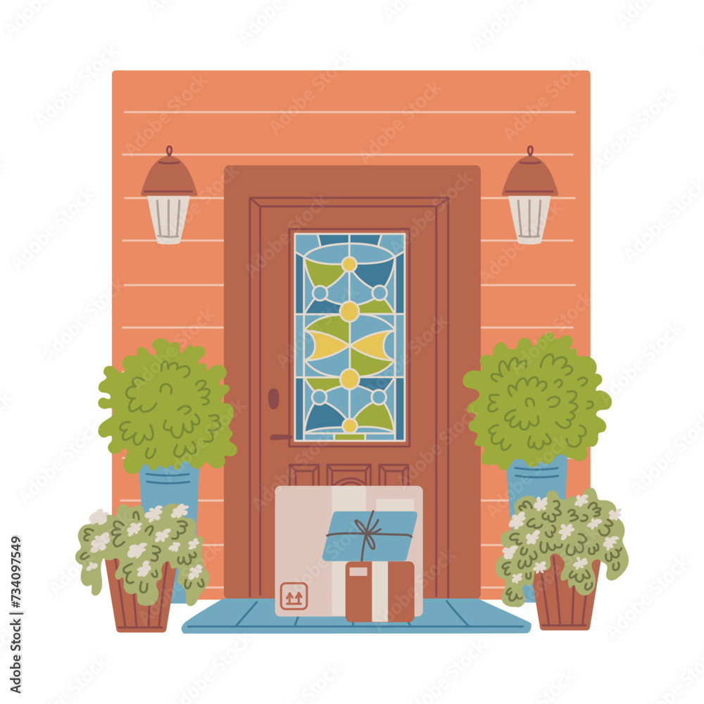 Front door of a house with parcels and mail on threshold, flat vector isolated.