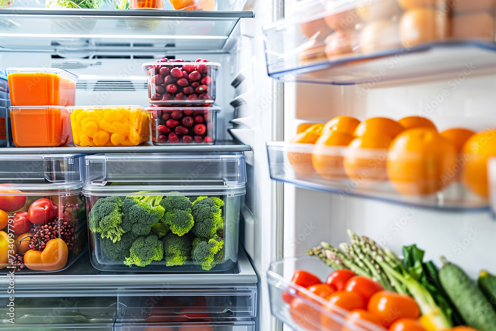 Well-organized Refrigerator Interior Featuring Transparent Plastic Bins Neatly. Organized Refrigerator Loaded with Fresh Vegetables and Fruits