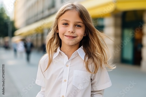 Portrait of a cute little girl with long hair in the city