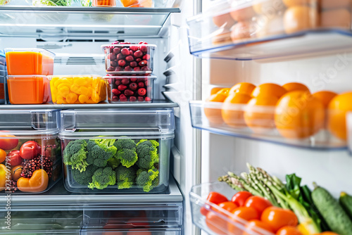 Well-organized Refrigerator Interior Featuring Transparent Plastic Bins Neatly. Organized Refrigerator Loaded with Fresh Vegetables and Fruits