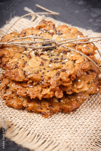 Fresh oatmeal cookies with honey and healthy seeds. Delicious crunchy dessert
