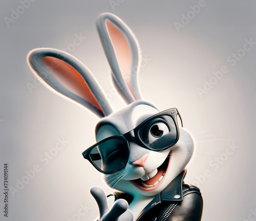 Hipster winking bunny in sunglasses. Concept of trendy fashion ads, youth-focused campaigns, and modern Easter celebration