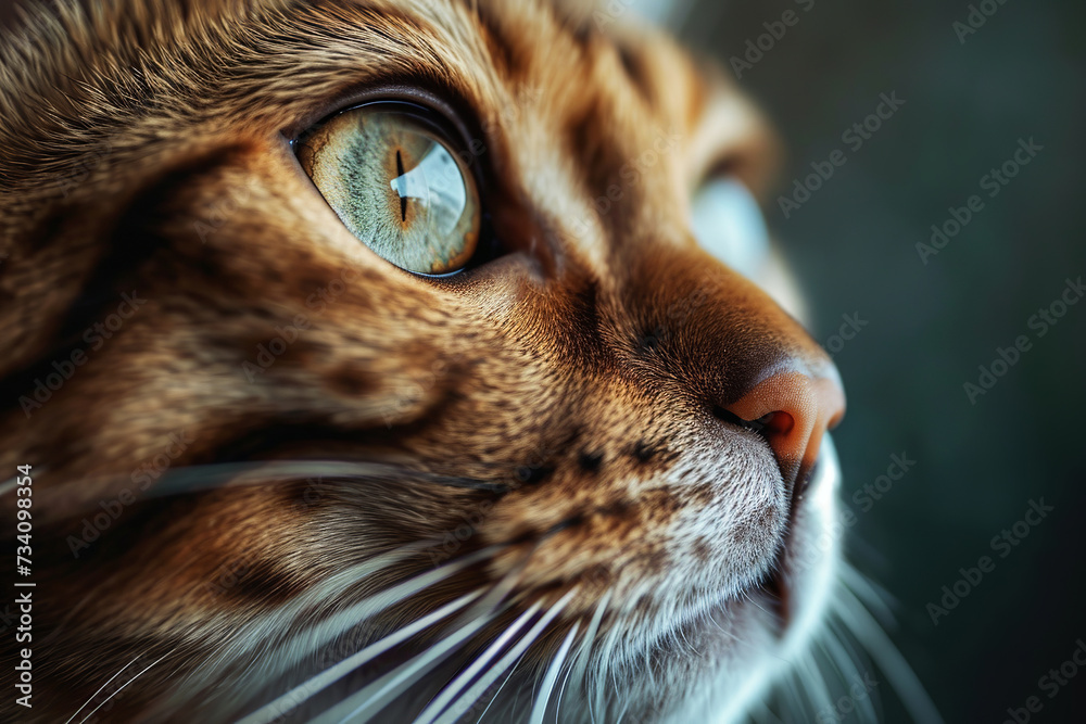 Closeup bengal cat profile view. Bengal tiger cat looks up with sharp eye.