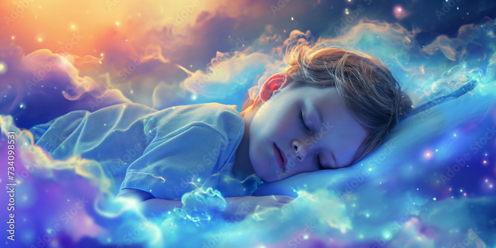 Kid sleeping in cozy fantasy bed and dreaming. Generative AI