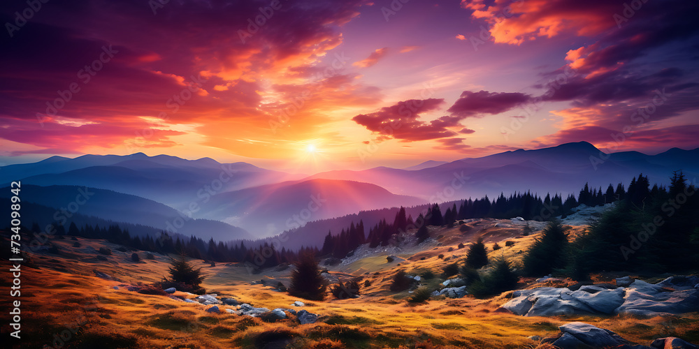 Sunset in the mountains. Dramatic scene. Carpathian, Ukraine, Europe. Beauty world.