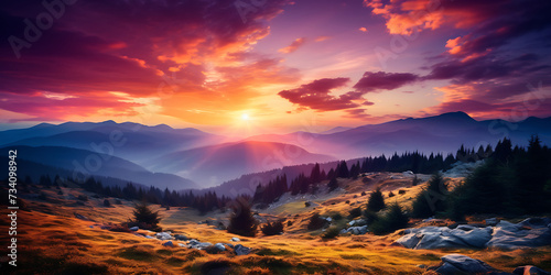 Sunset in the mountains. Dramatic scene. Carpathian, Ukraine, Europe. Beauty world.