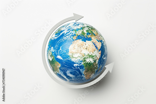 Abstract financial chart with up arrow around globe in flat icon design on white background.