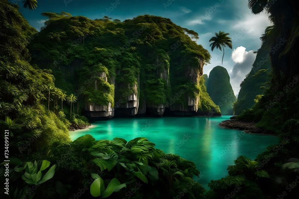 A secluded, emerald-green lagoon framed by towering cliffs and lush vegetation in a tropical paradise. - obrazy, fototapety, plakaty 
