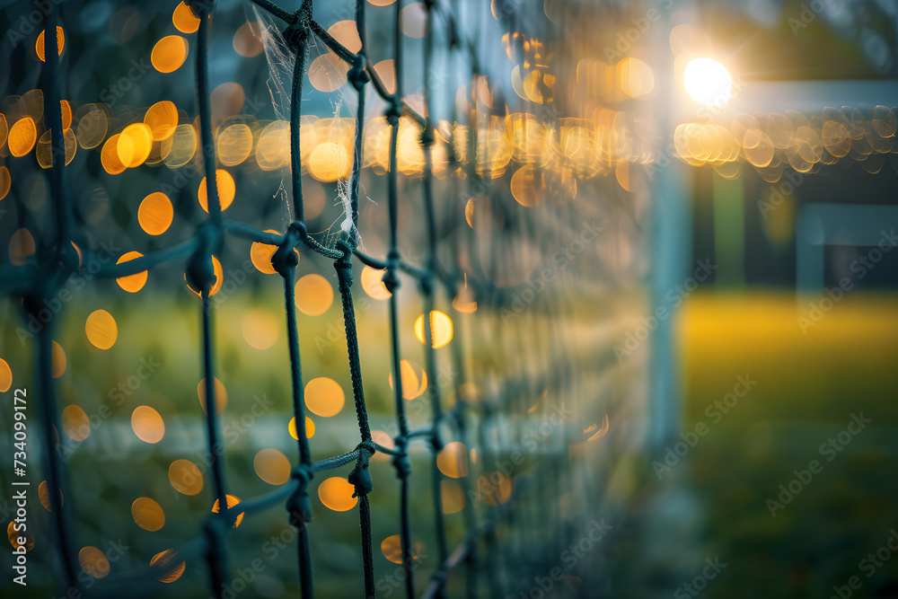Fußballtor-Fokus: Verschwommener Hintergrund mit Bokeh-Effekt und Netz im Vordergrund - obrazy, fototapety, plakaty 