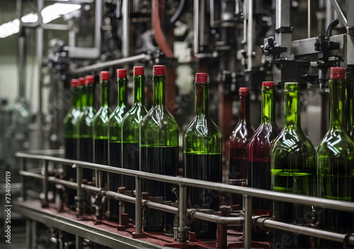 Filling red wine by the machine into bottles made of green glass. Wine bottling production line