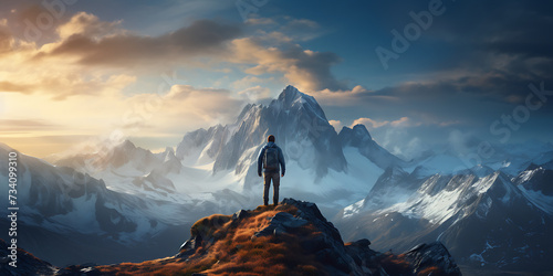 Hiker standing on mountain peak. 3D Rendering. © Graphicsstudio 5