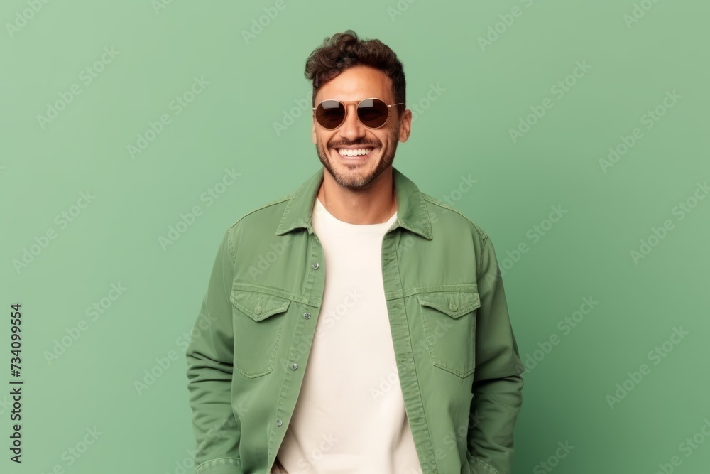Portrait of a smiling young man in sunglasses standing against green background Portrait of a smiling young man in sunglasses standing against green background