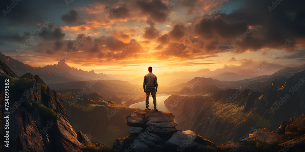 Man standing on the edge of a cliff and looking at the sunset