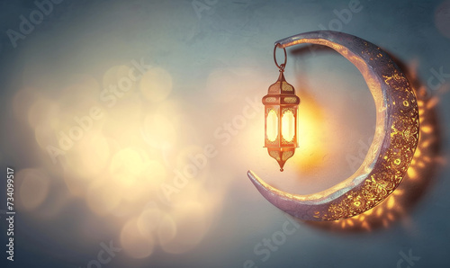 ramadan eid mubarak simple minimalist background. shinny crescent moon and hanging lantern in white gold neutral background. photo