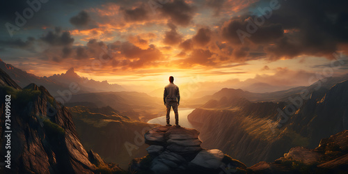 Man standing on the edge of a cliff and looking at the sunset