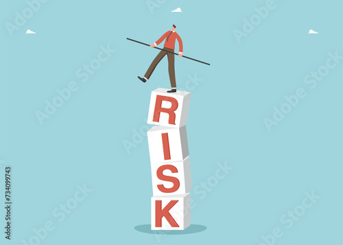 Risky choice of strategy or development path, obstacles and difficulties in achieving goals, fierce competition in the labor market, loss of funds in high-risk investments, man balancing on risk cubes