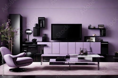 A sleek ebony entertainment center against a soft lavender wall.