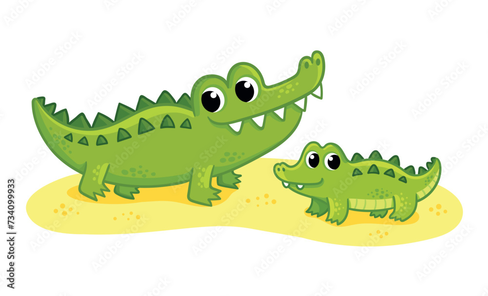 Naklejka premium Cute crocodiles family on a white background. Vector illustration with two cute mom and baby crocodiles