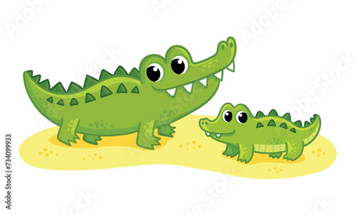 Cute crocodiles family on a white background. Vector illustration with two cute mom and baby crocodiles