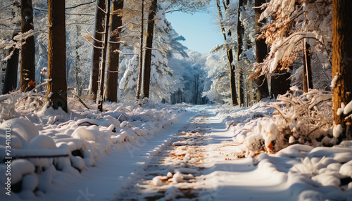 Winter forest tranquil scene, frozen beauty, snow covered trees, peaceful footpath generated by AI © Gstudio