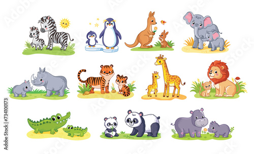 Mom and baby animals. Elephant, zebra, lion, penguin, tiger, giraffe, hippo, panda, families cartoon vector illustration.