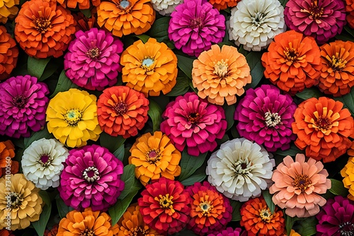 Top view of a garden bed filled with vibrant zinnias, providing a lively background for text.