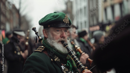 man playing uilleann bag pipe music during st patrick's day parade in the city. ancient traditional irish instrument. photo