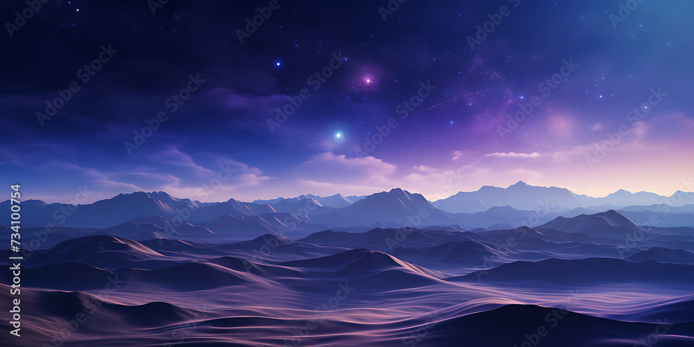 Desert at night with starry sky and moon. 3d rendering