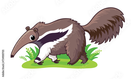 Cute anteater on a green meadow. Walking anteater drawn in cartoon style.