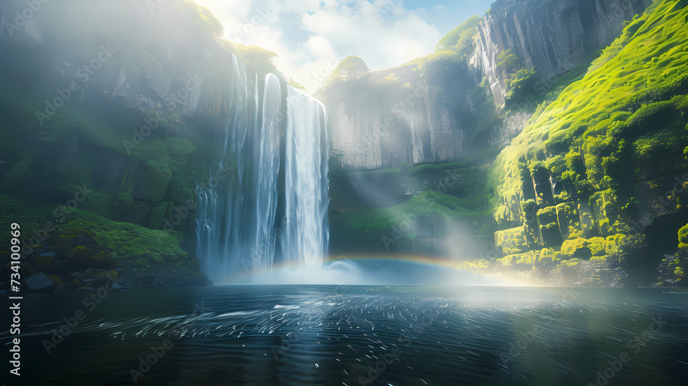 Fototapeta premium Serene Waterfall Oasis Under Ethereal Light