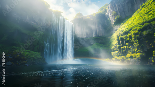 Serene Waterfall Oasis Under Ethereal Light