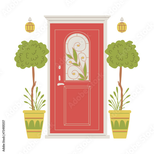 Home entrance red door with stained glass with floral ornament, vector illustration house porch with flowerpots lanterns