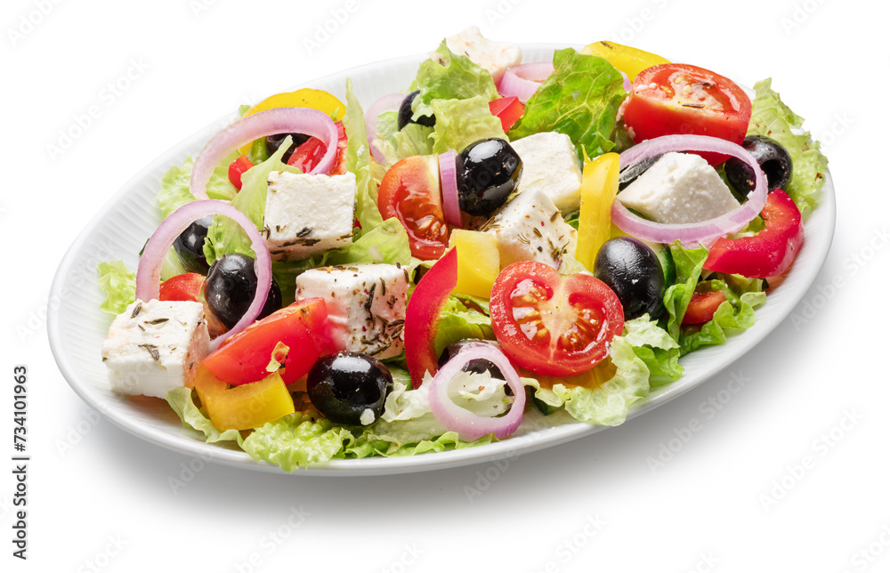 Greek salad on white plate isolated on white background. File contains clipping path.