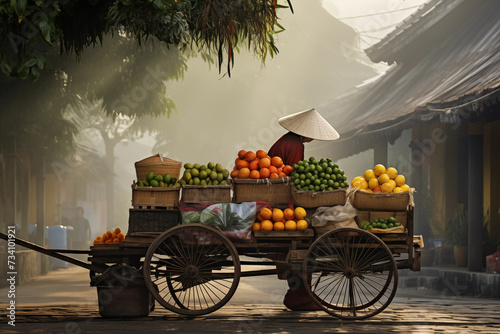 Early morning view of a street vendor wearing a traditional conical hat, selling colorful fruits from a wooden cart in a misty, tree-lined village street. 