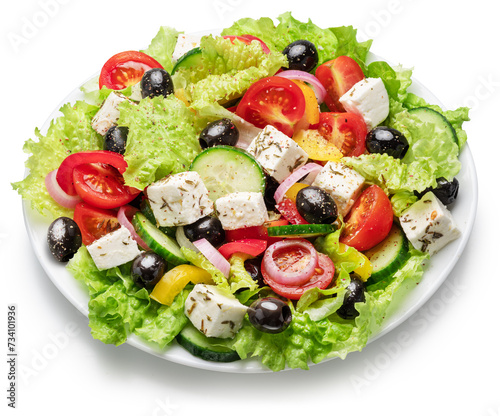 Greek salad on white plate isolated on white background. File contains clipping path.