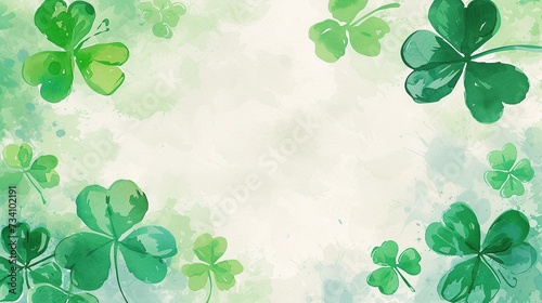 This artistic image features a light green watercolor background with various shades and splashes, giving it a textured appearance. Scattered across the canvas are illustrations of shamrocks in differ