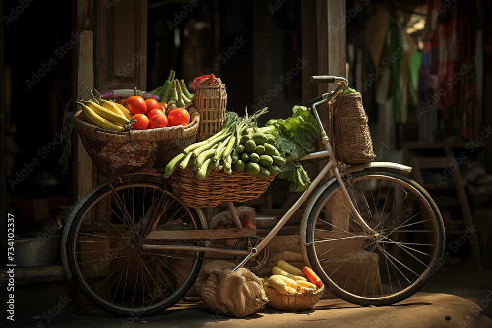 A classic bicycle stands in a rustic setting, its baskets brimming with an assortment of fresh vegetables, capturing the essence of local market life.
