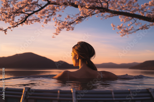 A tranquil scene of a woman enjoying a serene hot spring bath  surrounded by blossoming cherry trees against a mountainous backdrop at sunset. 