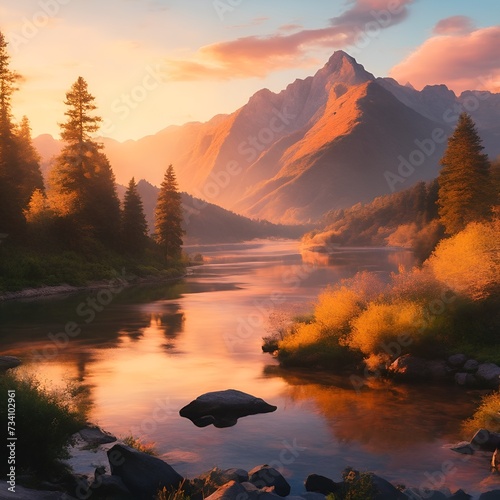 This is a breathtaking morning scene in a mountainous landscape, showcasing a tranquil daybreak as the sun slowly rises over the majestic mountains in the background. 