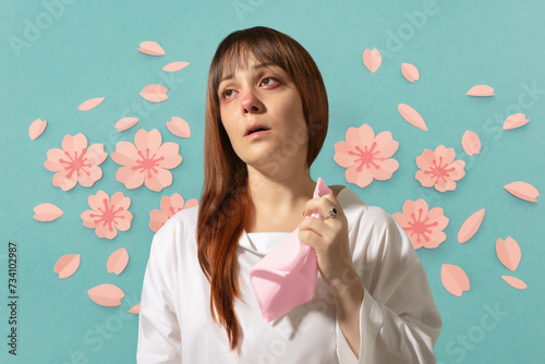 woman with allergy and flowers photo