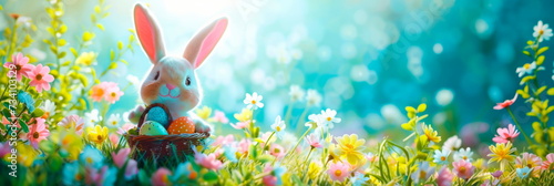Happy Easter with a cheerful Easter bunny holding a basket of eggs, surrounded by blooming flowers and bright greenery. photo